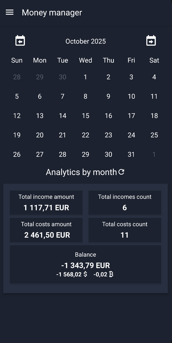 Monthly calendar and balance