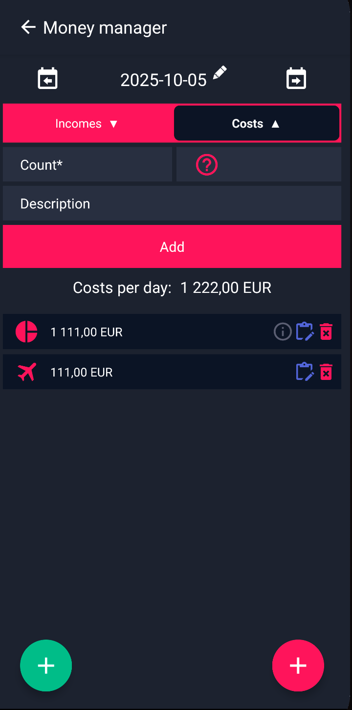 Quick income and expense entry